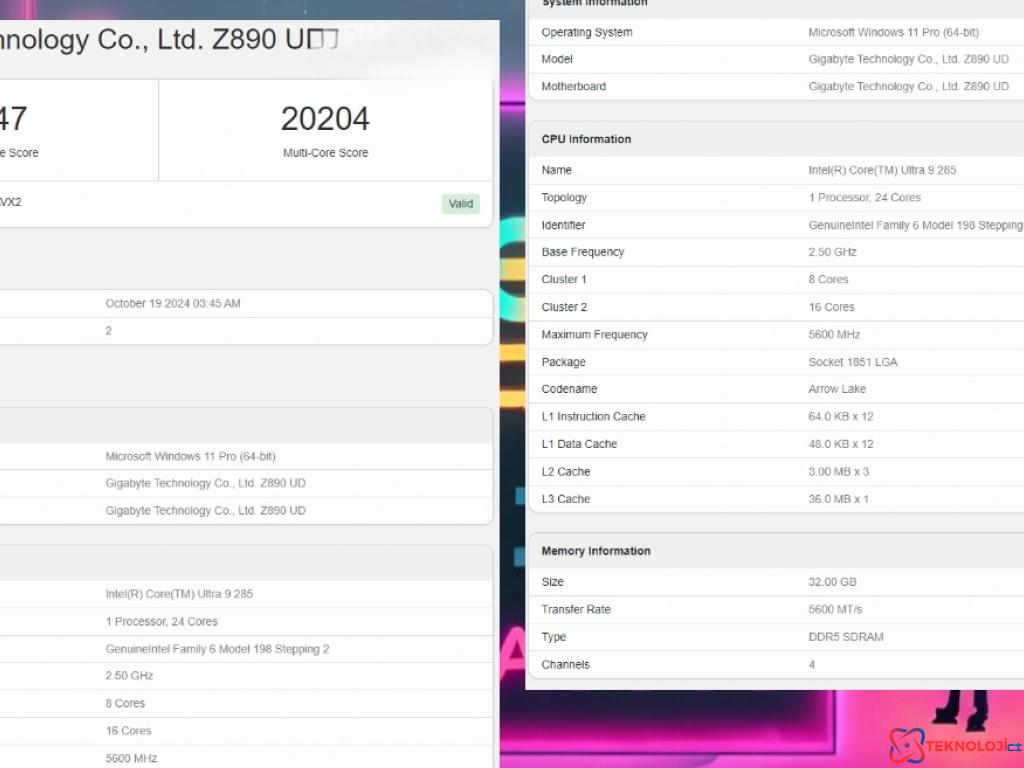 Intel Core Ultra 9 285 İşlemcisi Geekbench Test Sonuçları