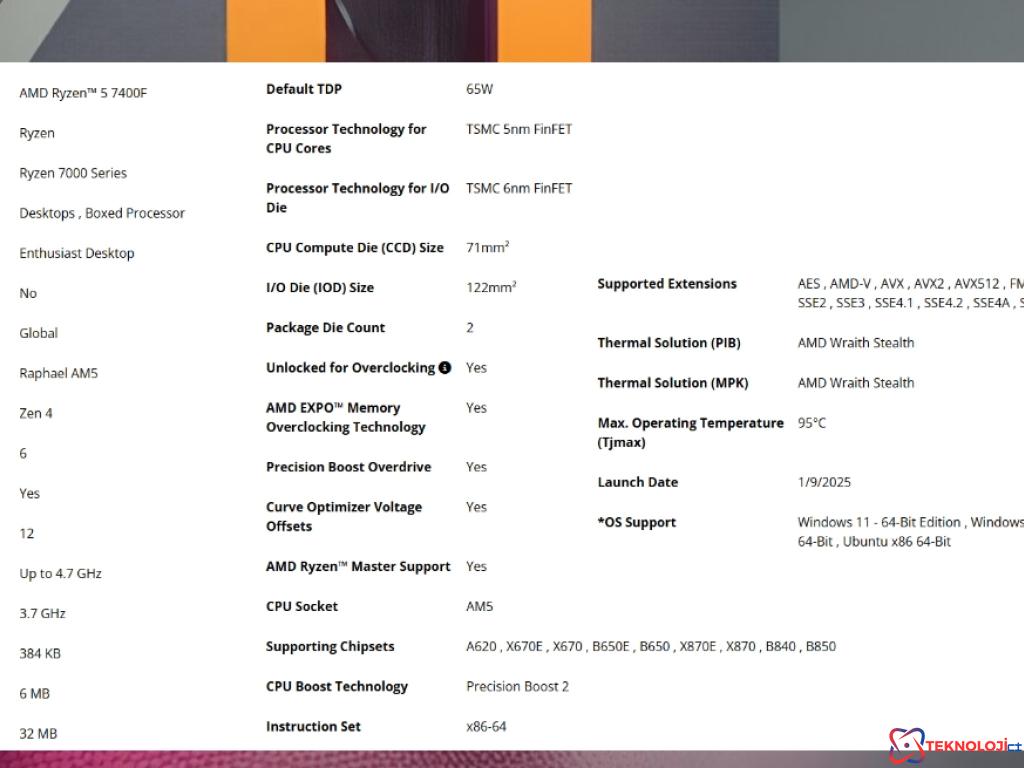 AMD Ryzen 5 7400F Teknik Özellikleri