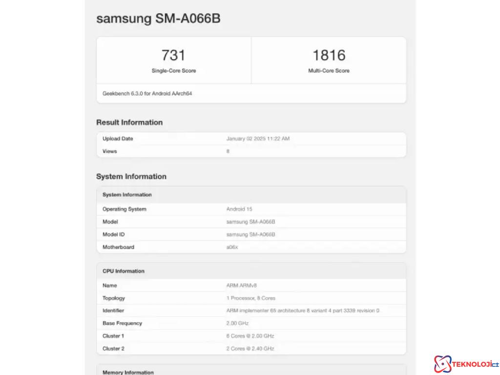 Samsung Galaxy A06 5G: Geekbench Puanı ve Özellikleri